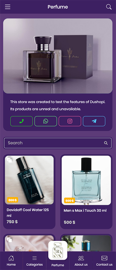 Sample of perfume site made in ushopi site builder and store builder